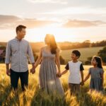 들판에 서 있는 한국계 가족 - 영화 미나리의 뿌리 내리는 장면